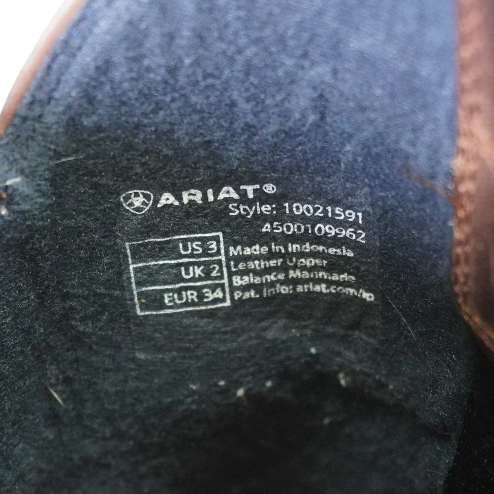 Ariat Western Boots Kids 3 Brown Navy Blue Leather Square Toe Stitched Western